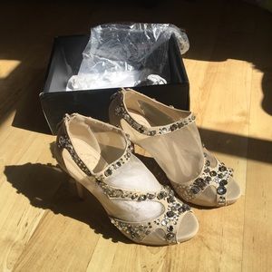 Beige Jeweled Heels with Mesh